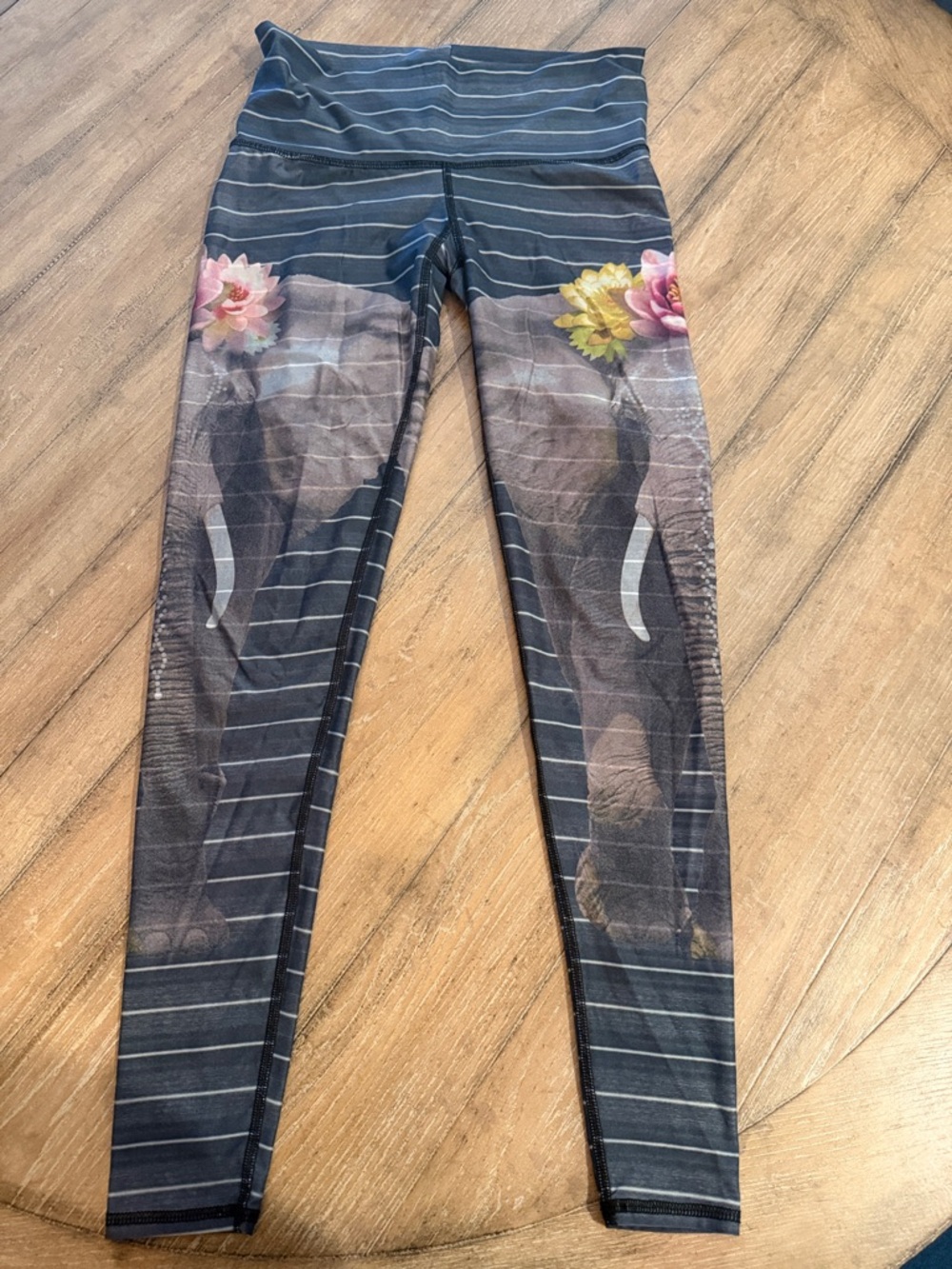 teeki Elephant Print Leggings with Floral Accents - Gray, Pink, Yellow